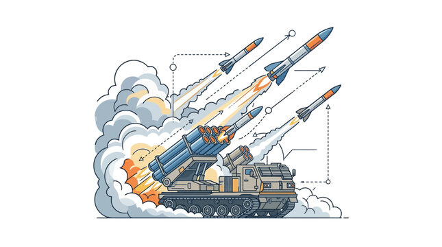 Military tank launches multiple rockets into the air with explosion