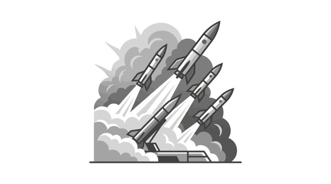 Missiles launching into the sky with smoke and flames erupting