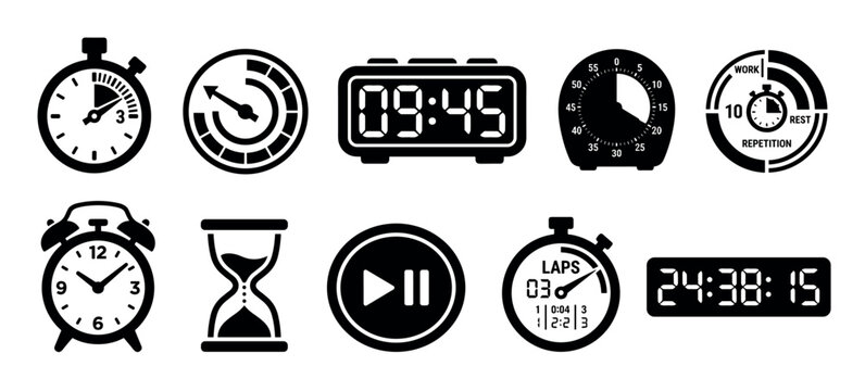 Various clocks, timers, and time measurement devices are illustrated as a collection of black icons representing different time concepts.