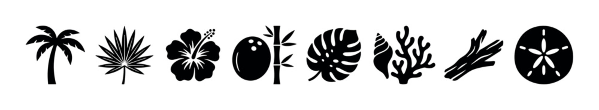 Tropical beach elements collection featuring palm tree, hibiscus flower, coconut, bamboo, monstera leaf, coral, driftwood, and sand dollar silhouettes.