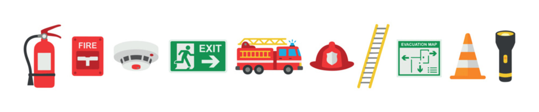 Fire safety and emergency equipment icons including extinguisher, alarm, smoke detector, exit sign, truck, helmet, ladder, map, cone, and flashlight.