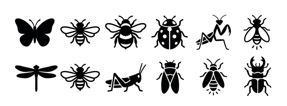 Various insect and bug silhouette icons set featuring common flying and crawling creatures in a clean, minimalist graphic style for diverse applications.