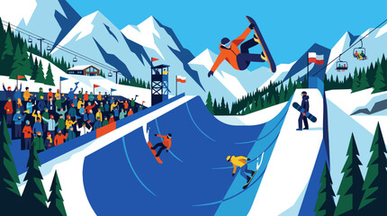 Snowboarder Jumps Big Air Ramp Extreme Winter Sports Competition Crowd Watching © pejuangibudanistri