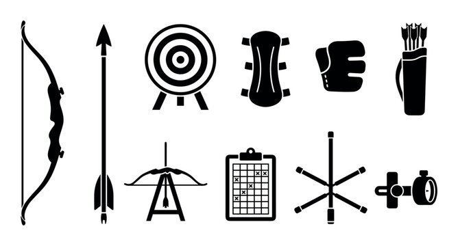 Archery equipment collection featuring bows, arrows, targets, and essential protective gear for competitive sports and recreational shooting.