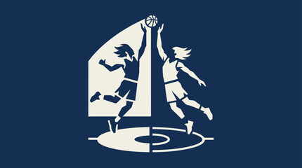 Basketball players jumping for ball, sports silhouette logo on dark blue background © Muji
