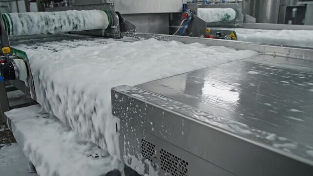 Industrial conveyor belt being sanitized with thick white foam in a food production facility.
