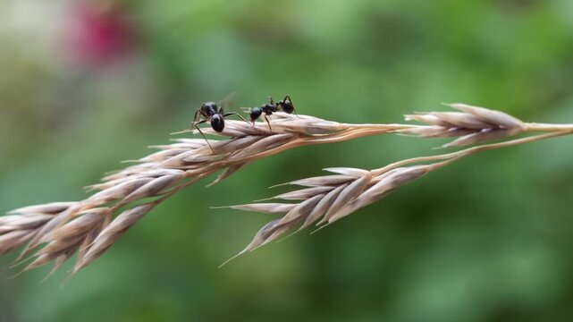 Close-up of insects on grass heads with blurred nature background