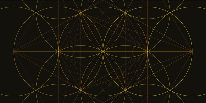 Complex golden geometric pattern of interlocking circles and lines creating an abstract and spiritual design element for backgrounds