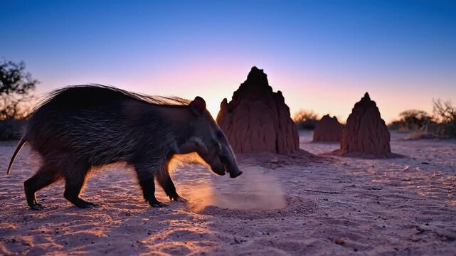 A wild mammal walks across the dry sandy soil of a desert landscape near large termite mounds during a golden sunset.