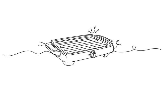 Continuous line drawing of an electric griddle splashing oil. None editable stroke