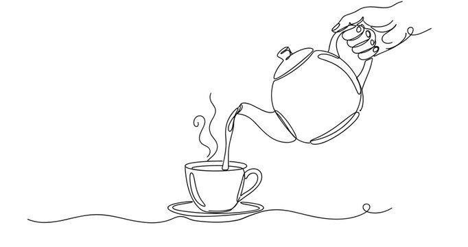 Hand pouring tea into cup in minimalist line art illustration. None editable stroke