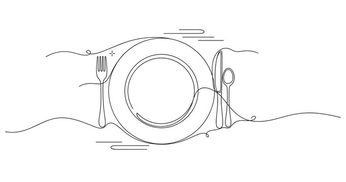 Abstract line art of dinner plate with fork and spoon in minimalist style. None editable stroke