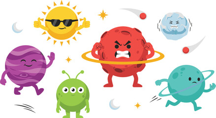 Cute Cartoon Solar System Planet and Space Mascot Character Sticker Set Featuring Sun with Sunglasses Red Angry Mars Green Alien and Ringed Saturn For Kids © Abul