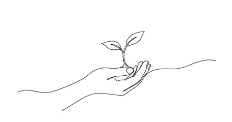 Obraz na płótnie Canvas Minimalist line drawing of a hand holding a growing seedling. no editable stroke