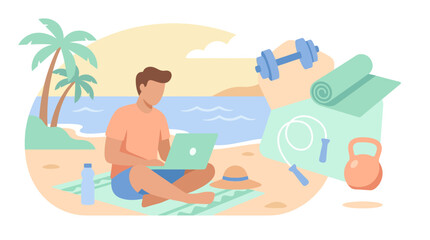 Fototapeta premium Man working on laptop at beach with fitness gear.