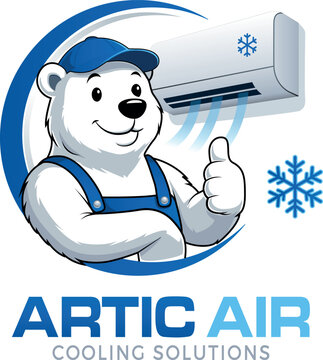 Klimatechnik Logo &ndash; Sympathisches Firmenzeichen mit Eisb&auml;r Maskottchen und Klimaanlage f&uuml;r HVAC K&auml;ltetechnik Service