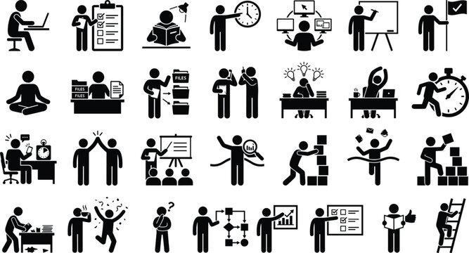 Set of black business office worker icons representing various daily tasks and corporate productivity activities like meetings planning team work and professional workplace management