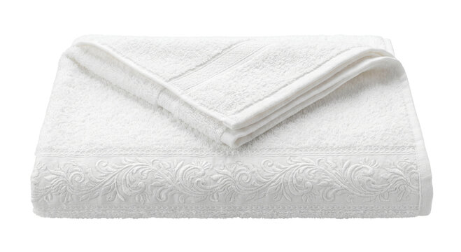 Luxurious white terry cloth towel with elegant embroidered border detail