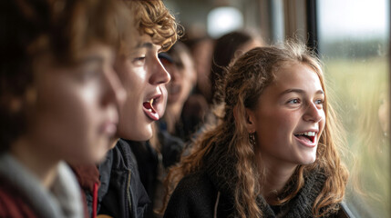 Fototapeta premium Group of teenagers with curly hair and casual clothing looking out of a train window, expressions of excitement and joy visible as they enjoy the scenery