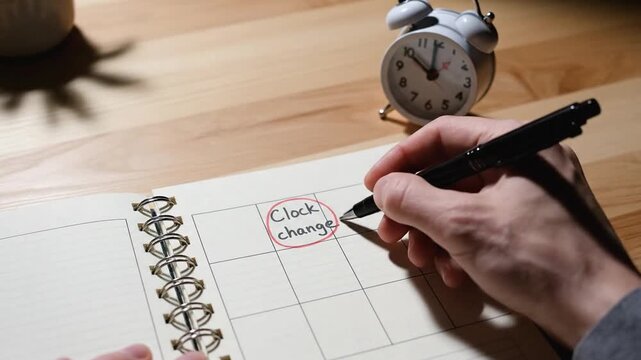 Caucasian adult male writes clock change in a planner beside a white alarm clock on a wooden desk.