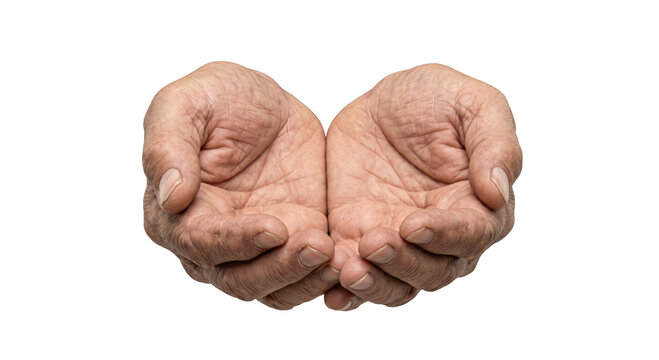 Cupped elderly hands open and empty, showing signs of age and experience