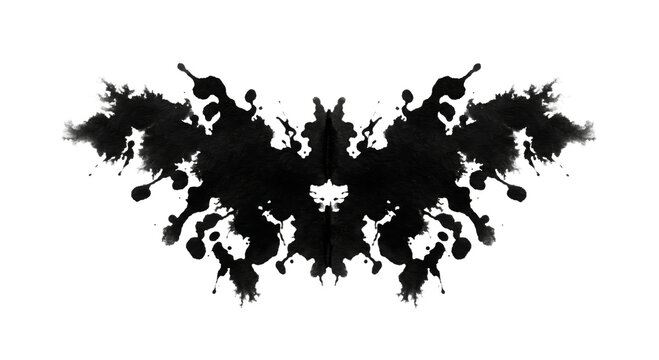 Symmetrical black ink blotch resembling a butterfly or moth on a white background
