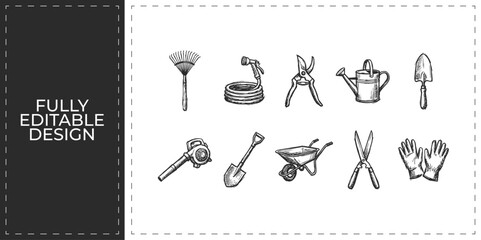 Professional gardening and landscaping tools hand drawn icons set featuring shovel watering can and wheelbarrow for horticulture and organic farm design © Ashik  Khan