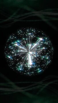 Futuristic glass disco ball look featuring radial lines and sparkling matrix network lights inside a circle.