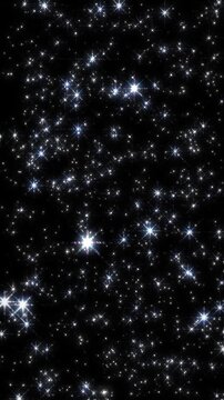 High density abstract background filled with bright shining cross star particles on a pure black backdrop.