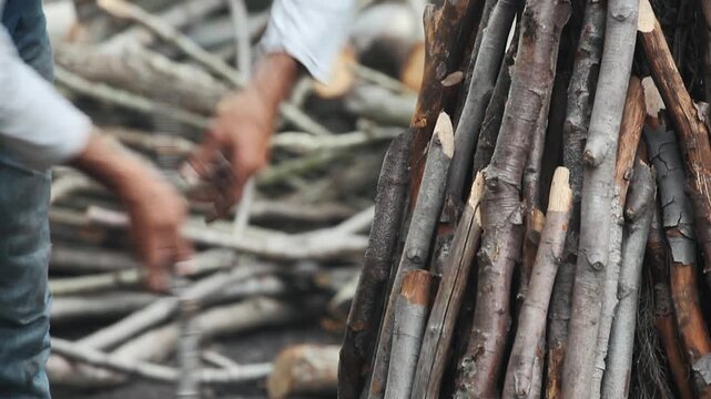 Close-up of a worker stacking wood branches to build a traditional charcoal kiln.