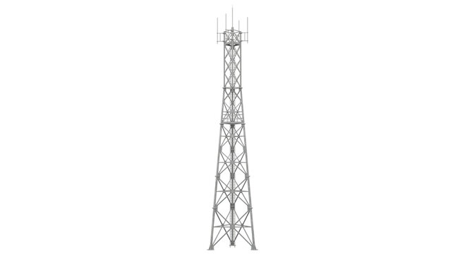 Tall telecommunications tower with antennas against a white background