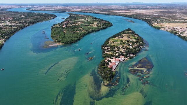 Sao Francisco River In Petrolina Pernambuco Brazil. Birds Eye View Of Stunning Dark River And Forest Trees. Tropical Eco Tourism. Amazon Forest. Petrolina Pernambuco.