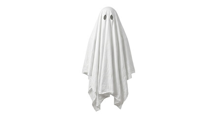 A classic white sheet ghost costume with two eye holes, isolated on white © Sapphire