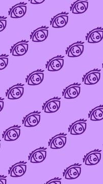 Seamless pattern of hand-drawn eyes on an abstract vertical purple background animation with cute creepy eye doodle line art wallpaper. Seamless looping.