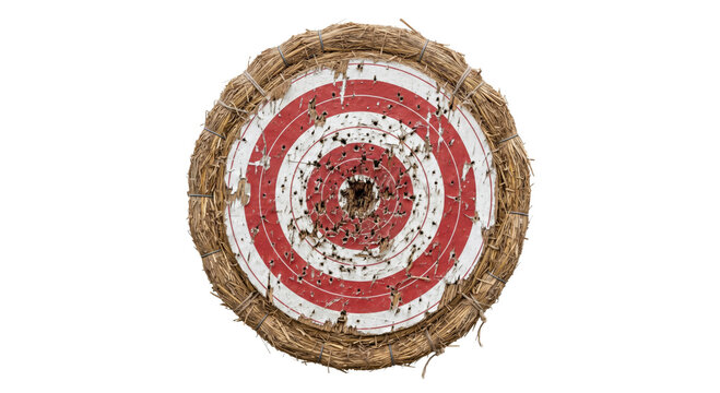 Well-used archery target with many bullet holes and straw border
