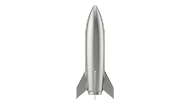 Retro silver rocket ship with fins, isolated on a white background