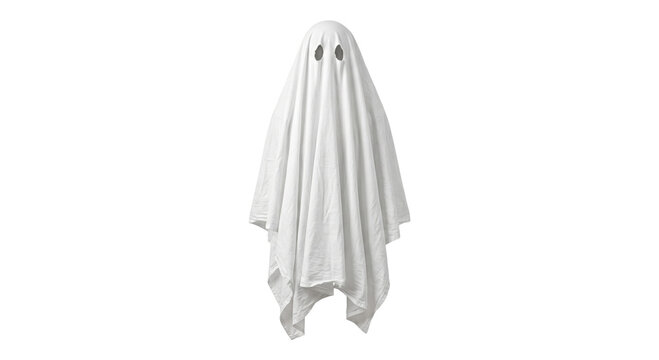 A classic white sheet ghost costume with two eye holes, isolated on white