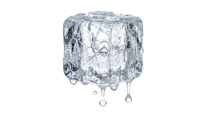 Melting ice cube with water droplets falling, isolated on white background