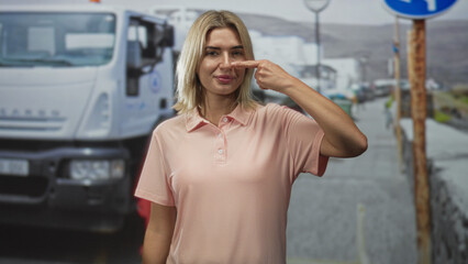 Fototapeta premium Woman pointing finger to nose, bare finger gesture, wearing pink polo shirt beside a delivery truck on street; playful confidence.