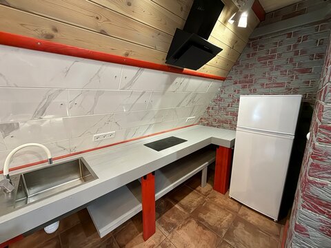 Modern compact kitchen with refrigerator sink and minimalist interior design