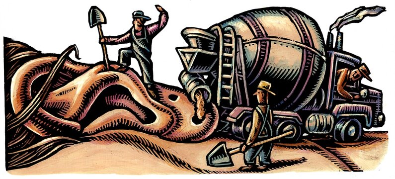 construction workers, pour cement into the piercing of a giant ear