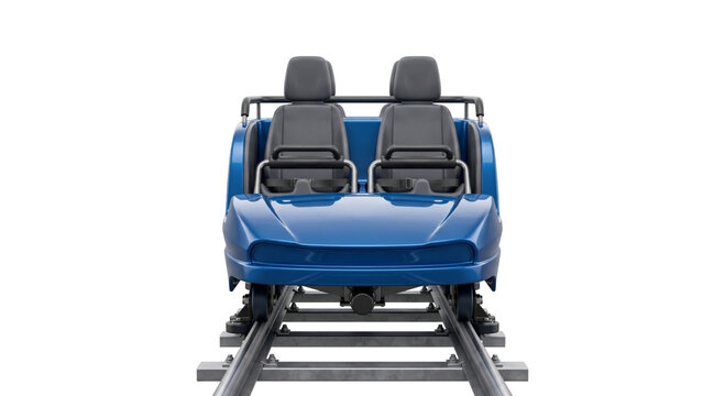 Front view of a blue roller coaster car with two seats on tracks