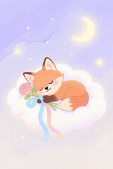 Fototapeta premium A cute cartoon fox sleeps on a white cloud, holding a rose, under a soft purple sky with a glowing crescent moon and stars.