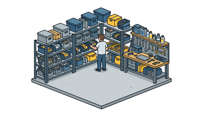 Man organizing tools and storage bins in a workshop
