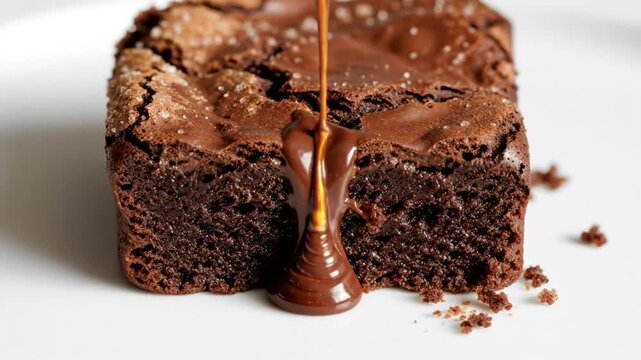 Luxurious Chocolate Brownie with Dripping Chocolate on a White Plate, Dessert Indulgence