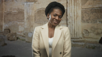 Obraz premium Woman in beige coat smiles with hands clasped and head tilted in front of stone building; quiet confidence.