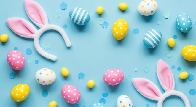 Festive easter composition featuring colorful decorated eggs and bunny ears on a blue background
