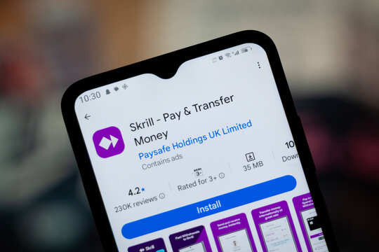 Dhaka, Bangladesh - 29 April, 2026: Skrill app page on Google Play Store on a smartphone screen.