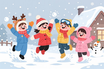 Naklejka premium Four children in colorful winter clothes jump in the snow with a snowman and house in the background, snowflakes falling around them.