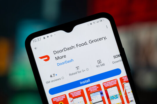 Dhaka, Bangladesh - 29 April, 2026: DoorDash app page on Google Play Store on a smartphone screen.